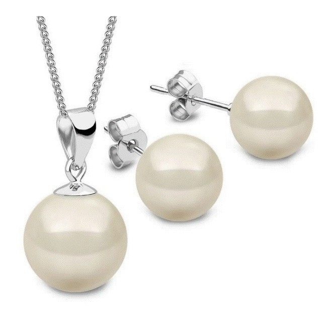 Set Collar Dije Perla Aretes Poste Zvezda Plata 0.925 Mujer Crema