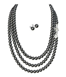 Set Collar Perlas Triple Aretes Zvezda Plata 0.925 Mujer Negro
