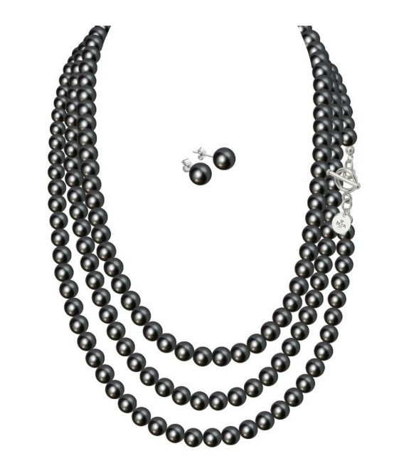 Set Collar Perlas Triple Aretes Zvezda Plata 0.925 Mujer Negro