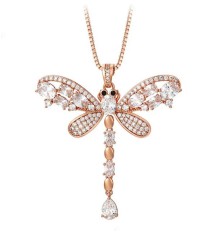 Collar Largo Libelula Con Cristales y Onix Oro 14K Laminado Rosa