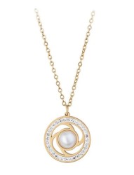 Collar Dama Con Perla y Halo de Cristales Oro 14K Laminado Dorado