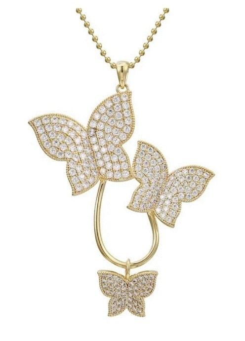 Collar Largo Mariposas Cristal Cristal Oro 14k Laminado Dorado