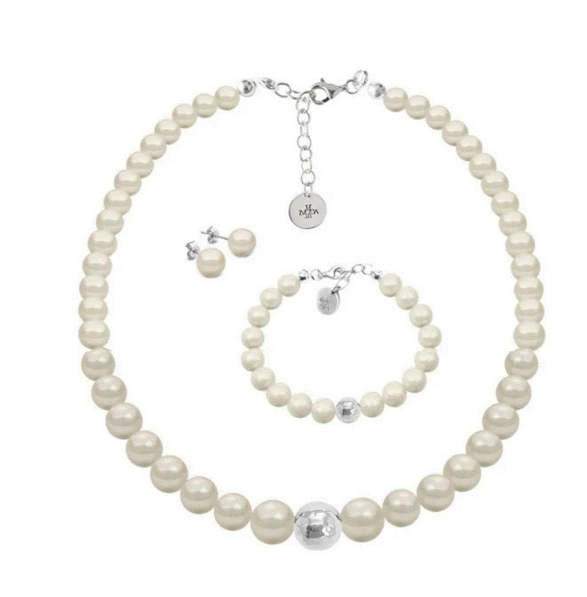 Set Collar Perlas Aretes Pulsera Zvezda Plata 0.925 Mujer Crema