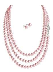Set Collar Perlas Triple Aretes Zvezda Plata 0.925 Mujer Rosa claro