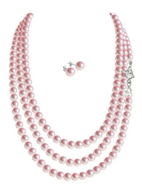 Set Collar Perlas Triple Aretes Zvezda Plata 0.925 Mujer Rosa claro