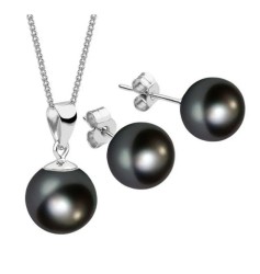 Set Collar Dije Perla Aretes Poste Zvezda Plata 0.925 Mujer Negro