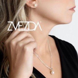 Set Collar Dije Perla Aretes Poste Zvezda Plata 0.925 Mujer Crema
