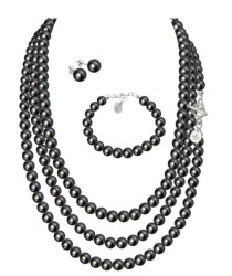 Set Collar Triple Aretes Pulsera Zvezda Plata 0.925 Mujer Negro