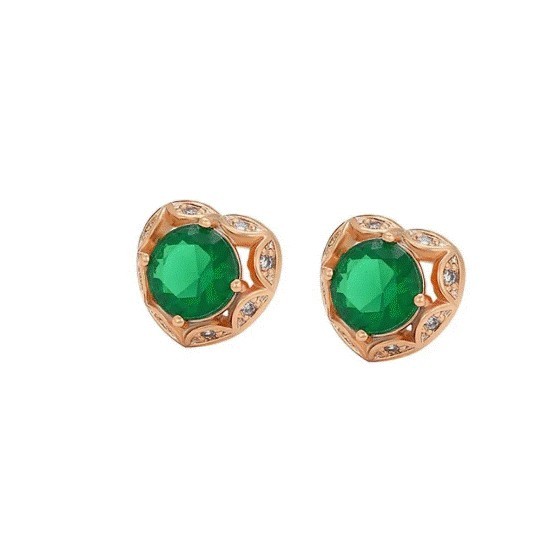 Aretes Broquel Corazón Esmeralda Cristales Oro 18K Laminado Dorado