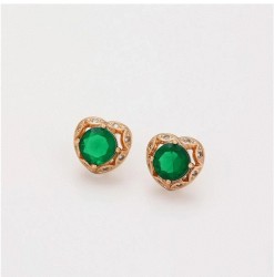 Aretes Broquel Corazón Esmeralda Cristales Oro 18K Laminado Dorado