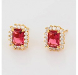 Aretes Vintage Dama Con Rubí Y Cristales Oro 14k Laminado Dorado