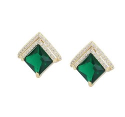 Aretes Dama Rombo Esmeralda Cristales Oro 14K Laminado Dorado