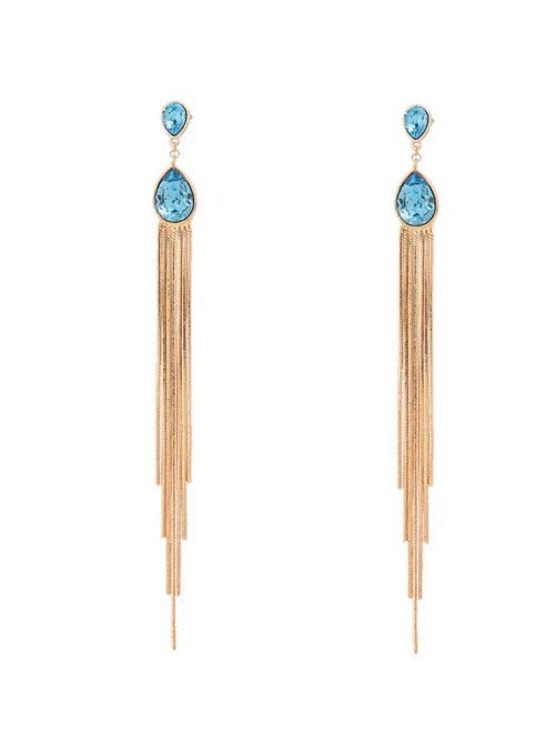 Aretes Colgantes Largos Gota Aquamarina Oro 18K Laminado Dorado