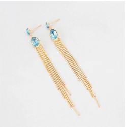 Aretes Colgantes Largos Gota Aquamarina Oro 18K Laminado Dorado