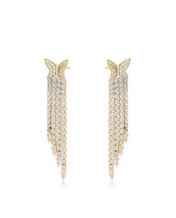 Aretes Mariposa Largos Fiesta Cristales Oro 14K Laminado Dorado