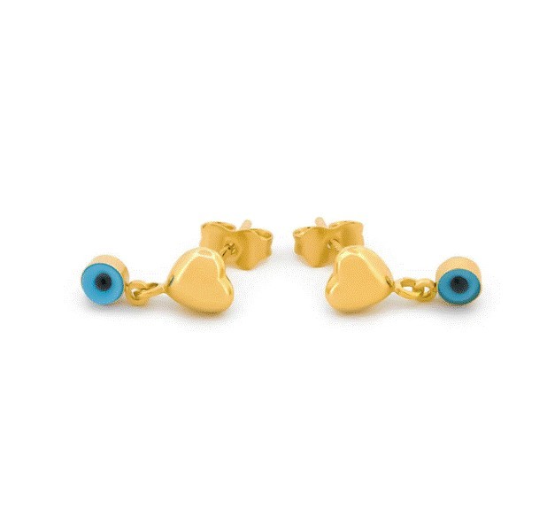 Aretes Corazón y Ojito 1.2 cm Oro Sólido 14k