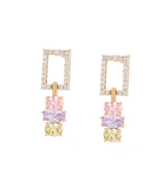 Aretes Largos Cristales Multicolor Pastel Oro 14K Laminado Dorado