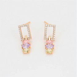 Aretes Largos Cristales Multicolor Pastel Oro 14K Laminado Dorado