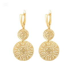 Aretes Colgantes Circulos Grecas Dama Oro 14K Laminado Dorado