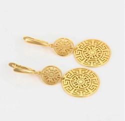 Aretes Colgantes Circulos Grecas Dama Oro 14K Laminado Dorado