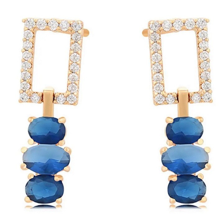 Aretes Colgantes Fiesta Cristales y Zafiro Oro 14K Laminado Dorado