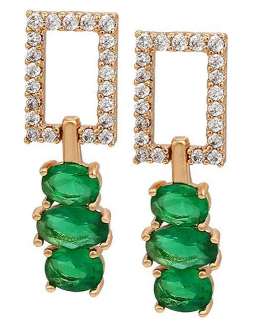 Aretes Con Cristales y Esmeraldas Colgantes Oro 14K Laminado Dorado
