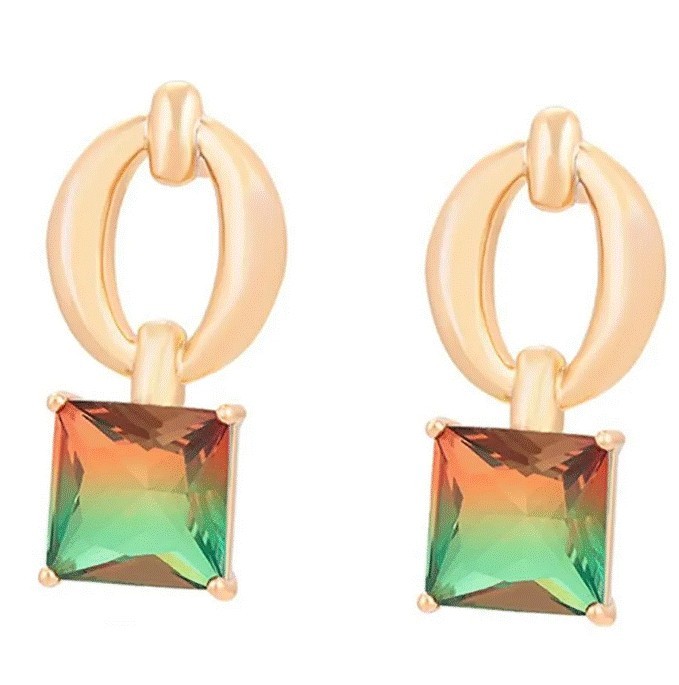 Aretes Colgantes Cristal Verde Naranja Oro 14K Laminado Dorado