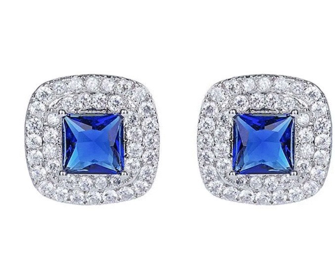 Aretes Para Dama Con Zafiro y Cristales Oro 14k Laminado Blanco