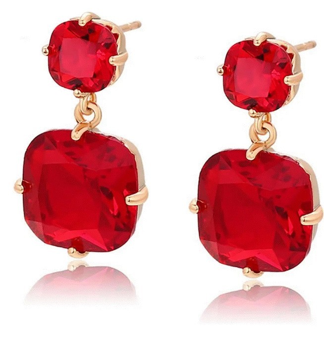 Aretes Colgantes Cuadrados Rubí Oro 18K Laminado Dorado