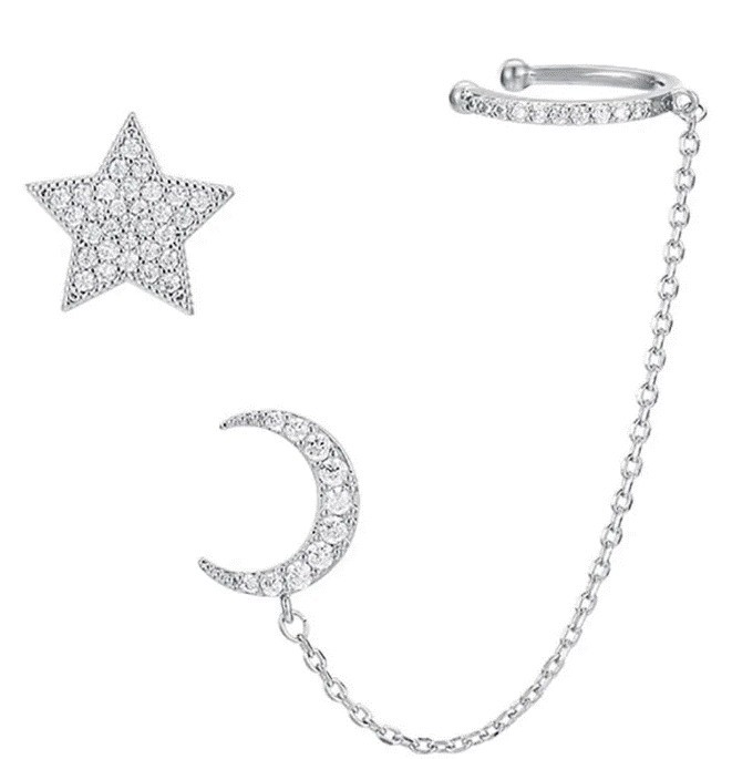 Aretes Cuff Estrella Luna Cristal Oro Blanco 14K Laminado