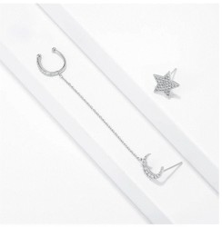 Aretes Cuff Estrella Luna Cristal Oro Blanco 14K Laminado