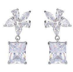 Aretes Colgantes Flor Cristal Oro Blanco 14K Laminado