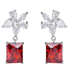 Aretes Colgantes Flor Swarovski y Rubí Oro Blanco 14K Laminado