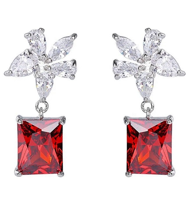 Aretes Colgantes Flor Swarovski y Rubí Oro Blanco 14K Laminado