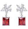 Aretes Colgantes Flor Swarovski y Rubí Oro Blanco 14K Laminado