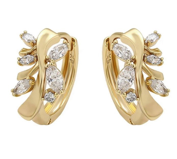 Aretes Arracadas Dama Hojas Con Cristales Oro 14K Laminado Dorado