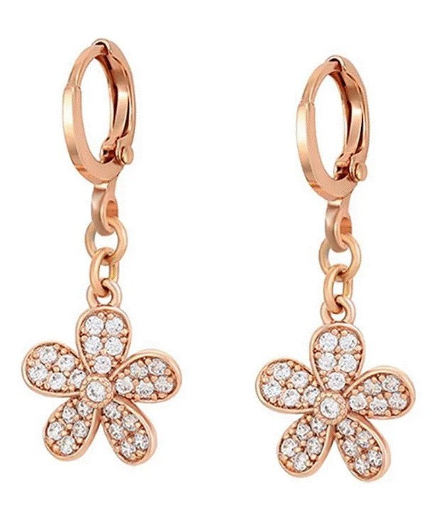 Aretes Flor Colgante Cristales Oro Rosa 14K Laminado