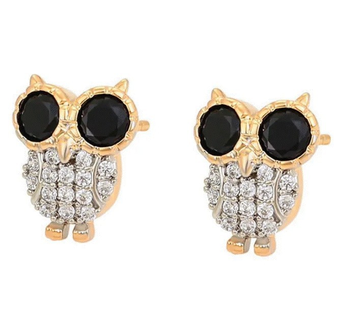 Aretes Broquel Buho Onix y Cristales Niña Adulto Oro Laminado Dorado