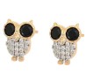 Aretes Broquel Buho Onix y Cristales Niña Adulto Oro Laminado Dorado