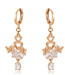 Aretes Mariposa Corazón Cristales Colgantes Oro 18K Laminado Dorado