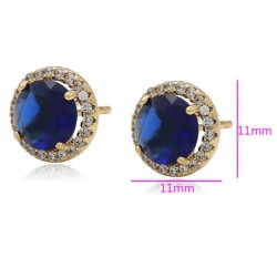 Aretes Broquel Zafiro Halo Cristales Dama Oro 14K Laminado Dorado