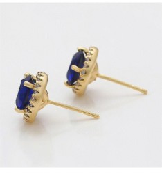 Aretes Broquel Zafiro Halo Cristales Dama Oro 14K Laminado Dorado