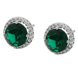 Aretes Broquel Esmeralda Halo Cristales Dama Oro 14K Laminado Blanco