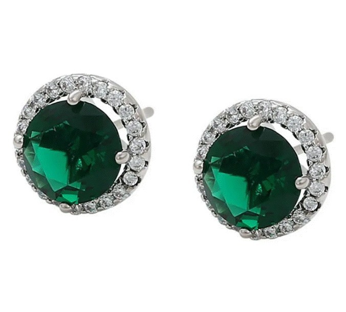 Aretes Broquel Esmeralda Halo Cristales Dama Oro 14K Laminado Blanco