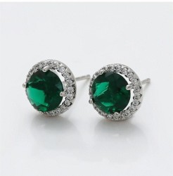 Aretes Broquel Esmeralda Halo Cristales Dama Oro 14K Laminado Blanco