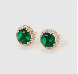 Aretes Broquel Esmeralda Halo Cristales Dama Oro 14K Laminado Dorado