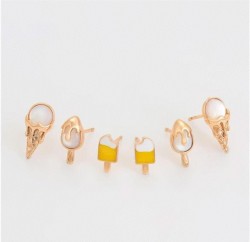 Set 3 Pares Broqueles Ópalo Helados Kawaii Oro 18K Laminado Dorado