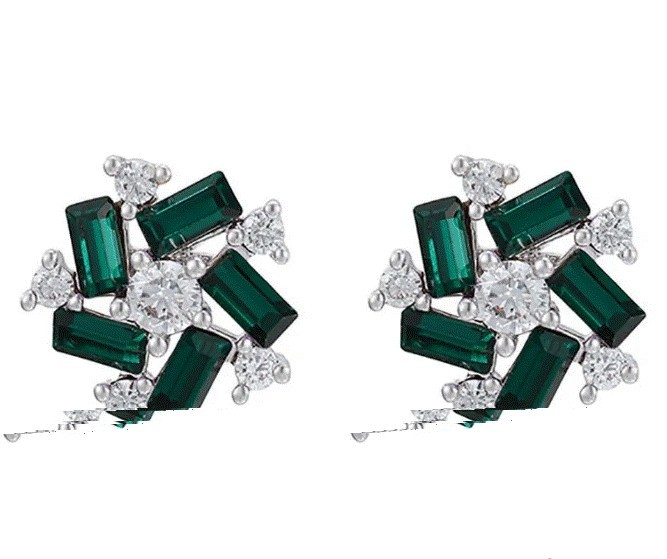 Aretes Flor Dama Cristales Y Esmeraldas Oro Blanco 14k Laminado Verde