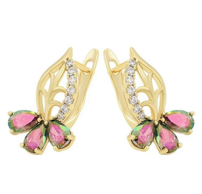 Aretes Hoja Flor Swarovski Flor Topacio Fuego Oro 14K Laminado Dorado