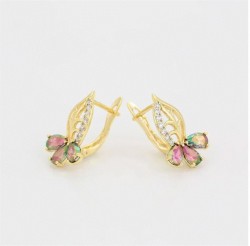 Aretes Hoja Flor Swarovski Flor Topacio Fuego Oro 14K Laminado Dorado